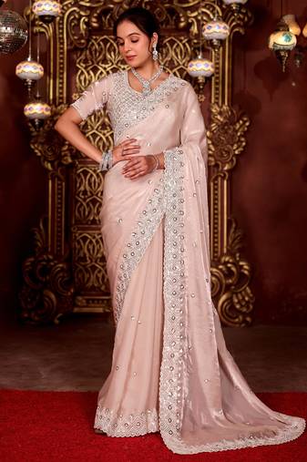 Designer peach diamond sequin jaal embroidered border mono nylon fabric saree with unstitched blouse