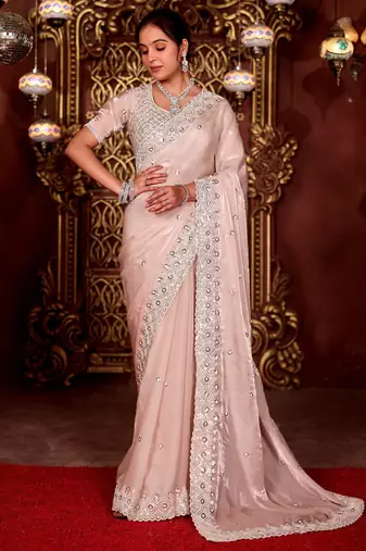 Designer peach diamond sequin jaal embroidered border mono nylon fabric saree with unstitched blouse