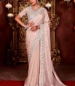 Designer peach diamond sequin jaal embroidered border mono nylon fabric saree with unstitched blouse