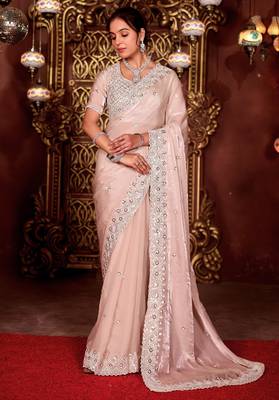 Designer peach diamond sequin jaal embroidered border mono nylon fabric saree with unstitched blouse 2