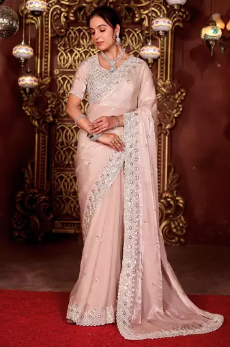 Designer peach diamond sequin jaal embroidered border mono nylon fabric saree with unstitched blouse