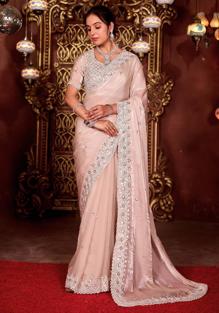 Designer peach diamond sequin jaal embroidered border mono nylon fabric saree with unstitched blouse