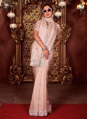 Designer peach diamond sequin jaal embroidered border mono nylon fabric saree with unstitched blouse 3