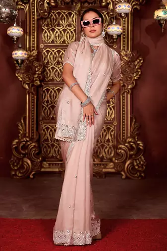 Designer peach diamond sequin jaal embroidered border mono nylon fabric saree with unstitched blouse