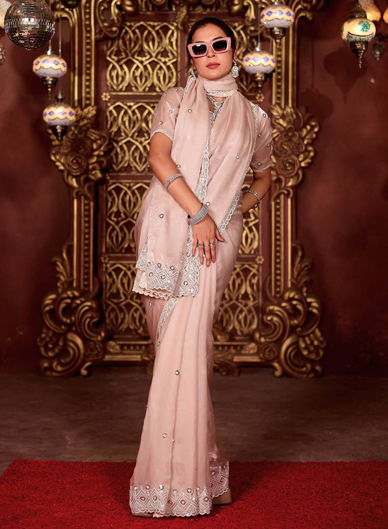 Designer peach diamond sequin jaal embroidered border mono nylon fabric saree with unstitched blouse