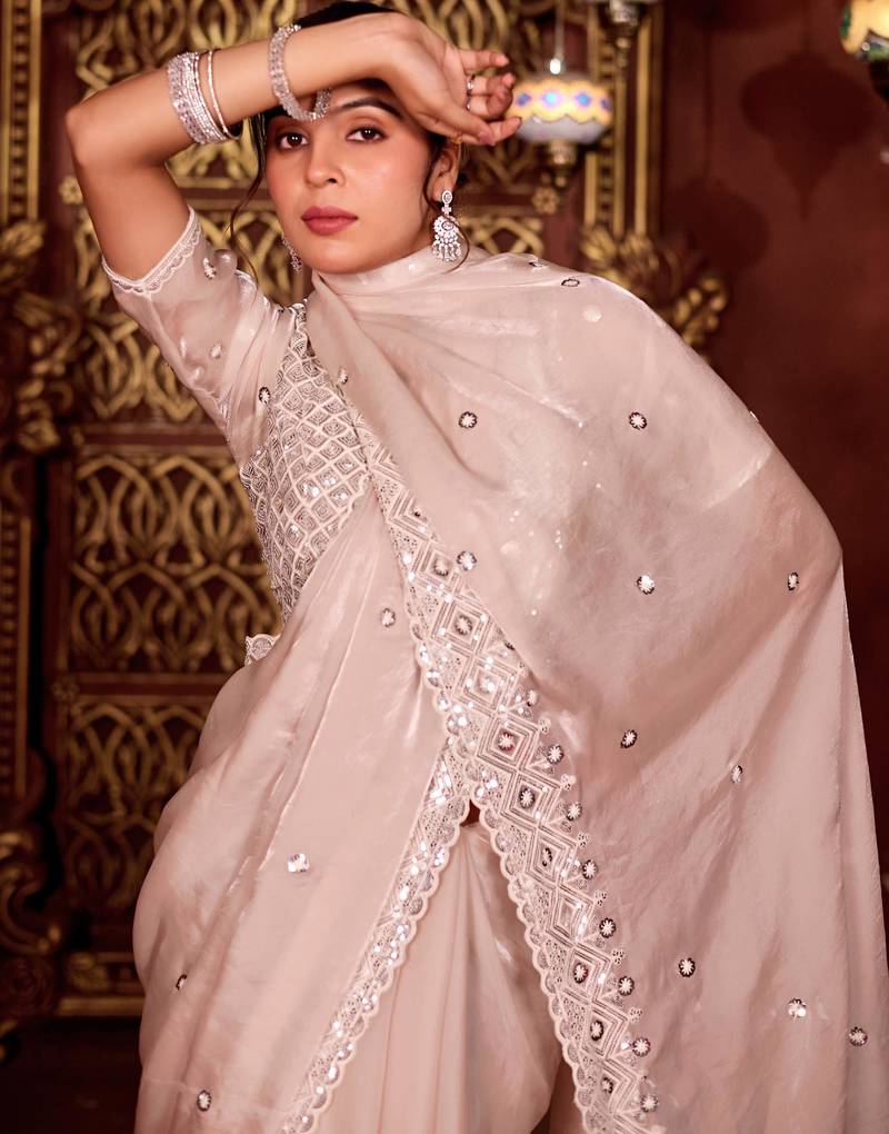 Designer peach diamond sequin jaal embroidered border mono nylon fabric saree with unstitched blouse