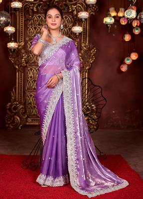 Pure purple diamond sequin jaal embroidered border mono nylon fabric saree with unstitched blouse 1
