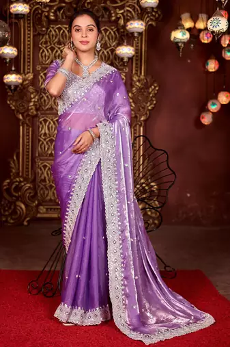 Pure purple diamond sequin jaal embroidered border mono nylon fabric saree with unstitched blouse