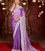 Pure purple diamond sequin jaal embroidered border mono nylon fabric saree with unstitched blouse