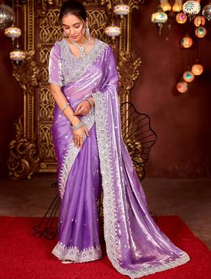 Pure purple diamond sequin jaal embroidered border mono nylon fabric saree with unstitched blouse 2