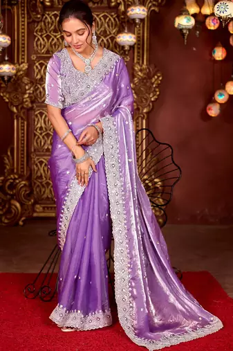Pure purple diamond sequin jaal embroidered border mono nylon fabric saree with unstitched blouse