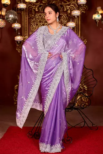 Pure purple diamond sequin jaal embroidered border mono nylon fabric saree with unstitched blouse