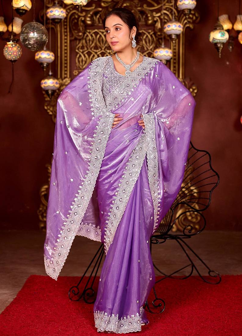 Pure purple diamond sequin jaal embroidered border mono nylon fabric saree with unstitched blouse