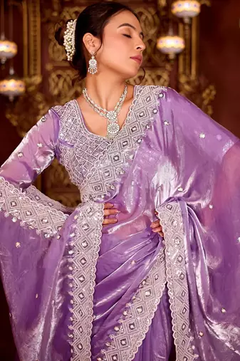 Pure purple diamond sequin jaal embroidered border mono nylon fabric saree with unstitched blouse