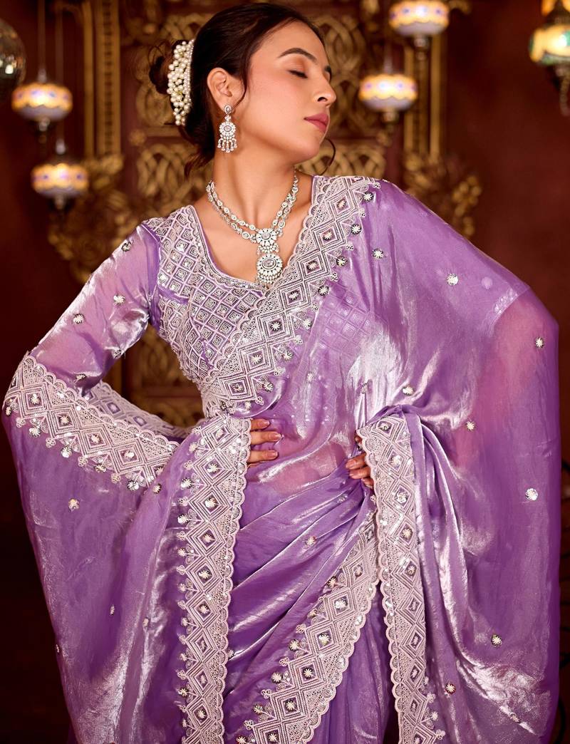 Pure purple diamond sequin jaal embroidered border mono nylon fabric saree with unstitched blouse