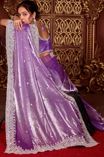 Pure purple diamond sequin jaal embroidered border mono nylon fabric saree with unstitched blouse