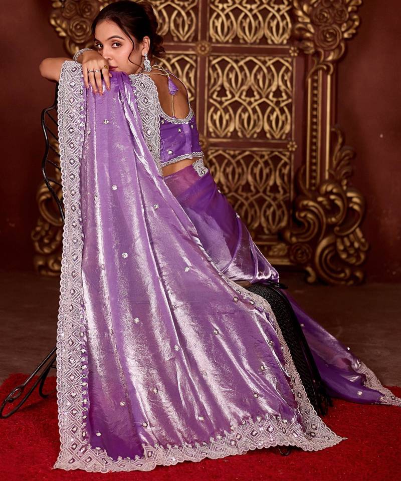 Pure purple diamond sequin jaal embroidered border mono nylon fabric saree with unstitched blouse