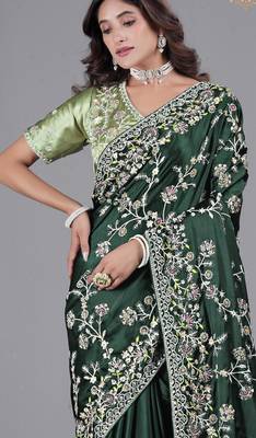 Light weight green embroidered in multi-colored satin saree with unstitched blouse 1