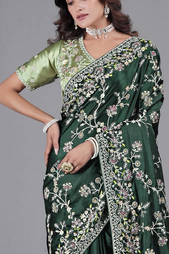 Light weight green embroidered in multi-colored satin saree with unstitched blouse