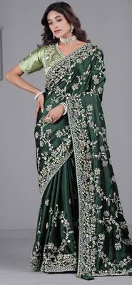 Light weight green embroidered in multi-colored satin saree with unstitched blouse 2