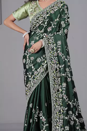 Light weight green embroidered in multi-colored satin saree with unstitched blouse