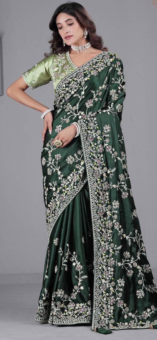 Light weight green embroidered in multi-colored satin saree with unstitched blouse