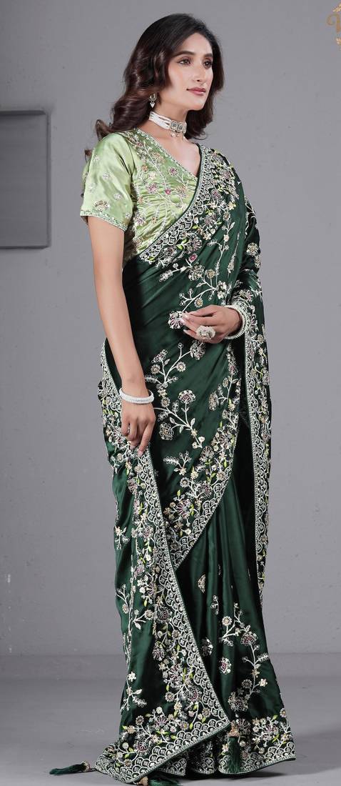 Light weight green embroidered in multi-colored satin saree with unstitched blouse