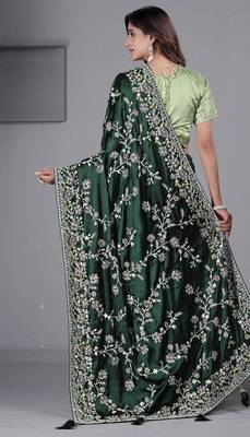 Light weight green embroidered in multi-colored satin saree with unstitched blouse 4