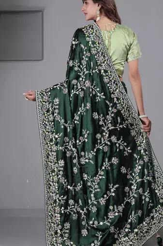 Light weight green embroidered in multi-colored satin saree with unstitched blouse