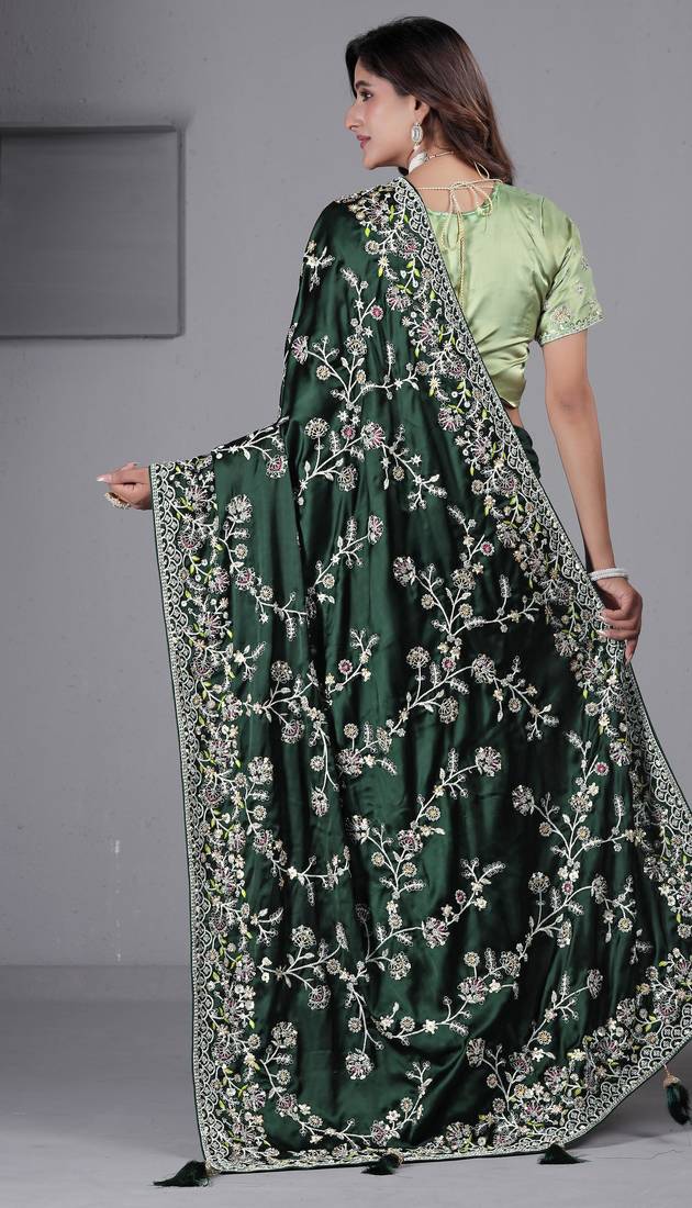 Light weight green embroidered in multi-colored satin saree with unstitched blouse