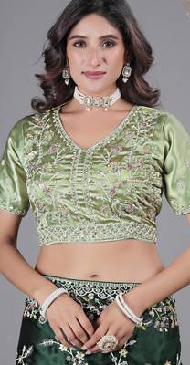 Light weight green embroidered in multi-colored satin saree with unstitched blouse 5