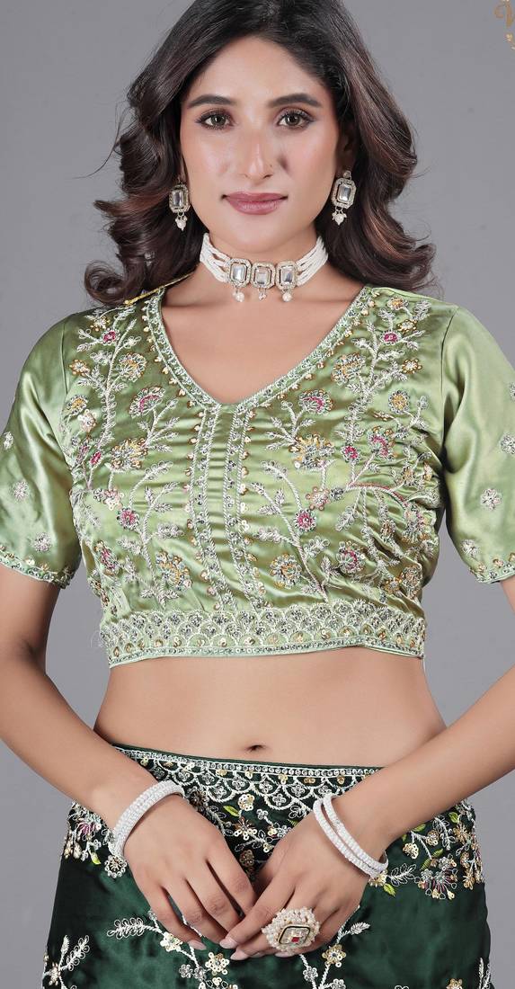 Light weight green embroidered in multi-colored satin saree with unstitched blouse