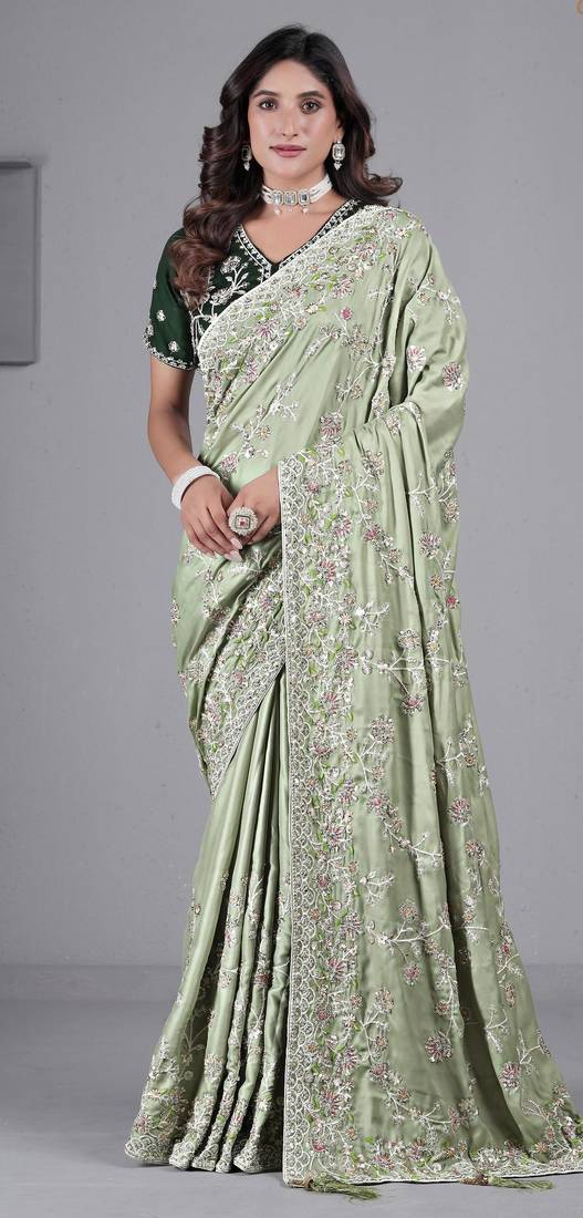 Fashionable pista embroidered in multi-colored satin saree with unstitched blouse