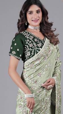 Fashionable pista embroidered in multi-colored satin saree with unstitched blouse 2