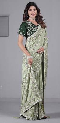 Fashionable pista embroidered in multi-colored satin saree with unstitched blouse 3