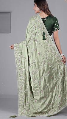 Fashionable pista embroidered in multi-colored satin saree with unstitched blouse 4