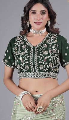 Fashionable pista embroidered in multi-colored satin saree with unstitched blouse 5