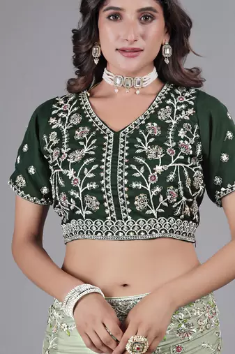 Fashionable pista embroidered in multi-colored satin saree with unstitched blouse