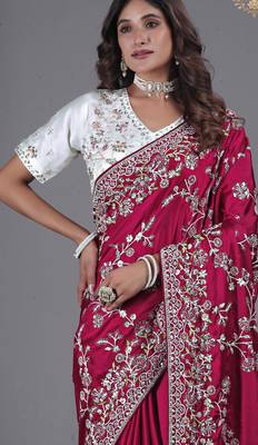 soft silk blend rani embroidered in multi-colored satin saree with unstitched blouse 1