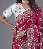 soft silk blend rani embroidered in multi-colored satin saree with unstitched blouse