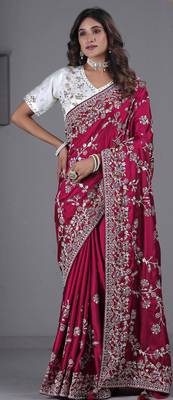 soft silk blend rani embroidered in multi-colored satin saree with unstitched blouse 2