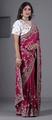 soft silk blend rani embroidered in multi-colored satin saree with unstitched blouse 3