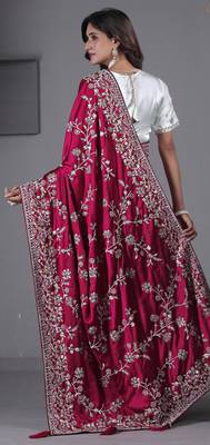 soft silk blend rani embroidered in multi-colored satin saree with unstitched blouse 4
