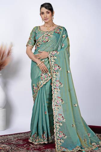 Floral firozi resham zari embroidery with glass sequins shimmer saree with unstitched blouse