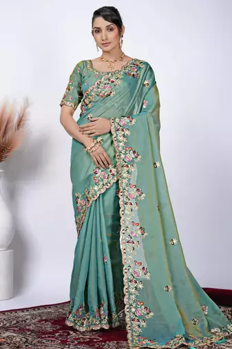 Floral firozi resham zari embroidery with glass sequins shimmer saree with unstitched blouse
