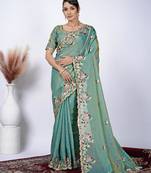 Floral firozi resham zari embroidery with glass sequins shimmer saree with unstitched blouse