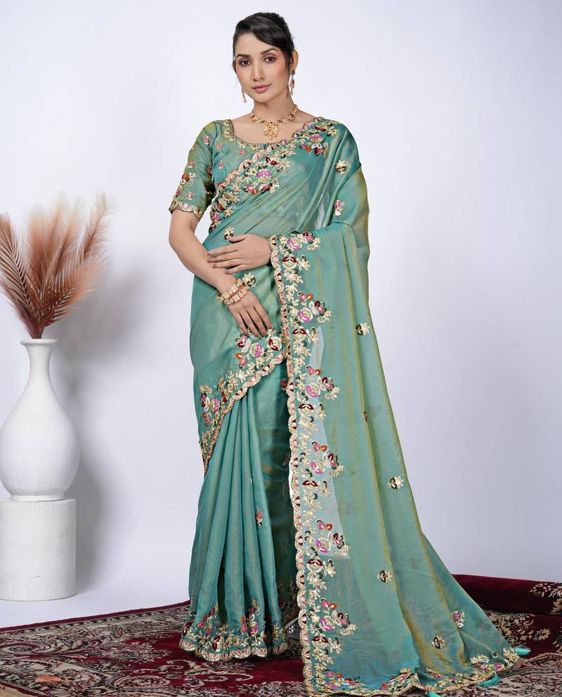 Floral firozi resham zari embroidery with glass sequins shimmer saree with unstitched blouse