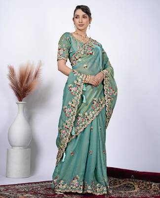 Floral firozi resham zari embroidery with glass sequins shimmer saree with unstitched blouse 2