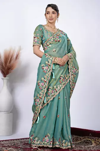 Floral firozi resham zari embroidery with glass sequins shimmer saree with unstitched blouse