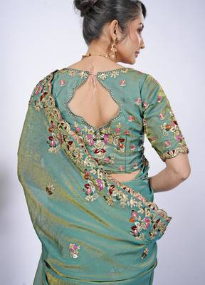 Floral firozi resham zari embroidery with glass sequins shimmer saree with unstitched blouse 3